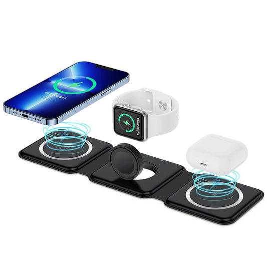 Magnetic Foldable 3-in-1 Wireless Charging Stand – Fast Charging Dock for iPhone, AirPods & Smartwatch | Mega Mart Online