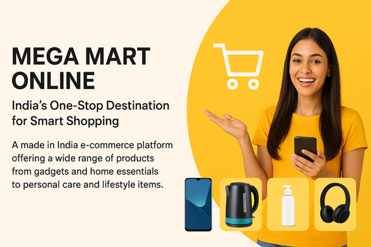 Woman shopping online at Mega Mart Online India, browsing gadgets and home essentials on smartphone — promoting trusted, affordable e-commerce shopping.