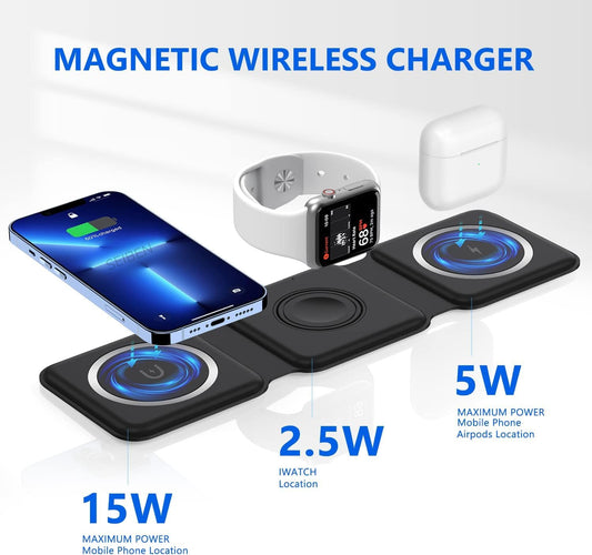 Magnetic Foldable 3-in-1 Wireless Charging Stand – Fast Charging Dock for iPhone, AirPods & Smartwatch | Mega Mart Online