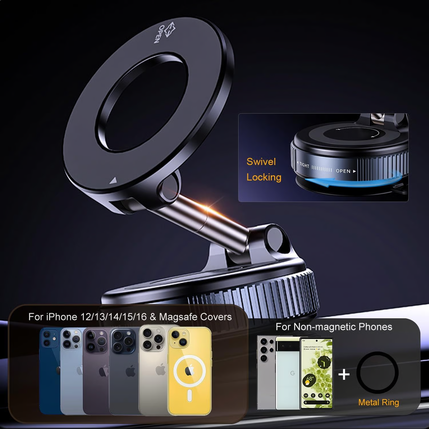 360° Magnetic Vacuum Suction Cup Phone Mount – Ultra-Stable, Adjustable & MagSafe-Compatible